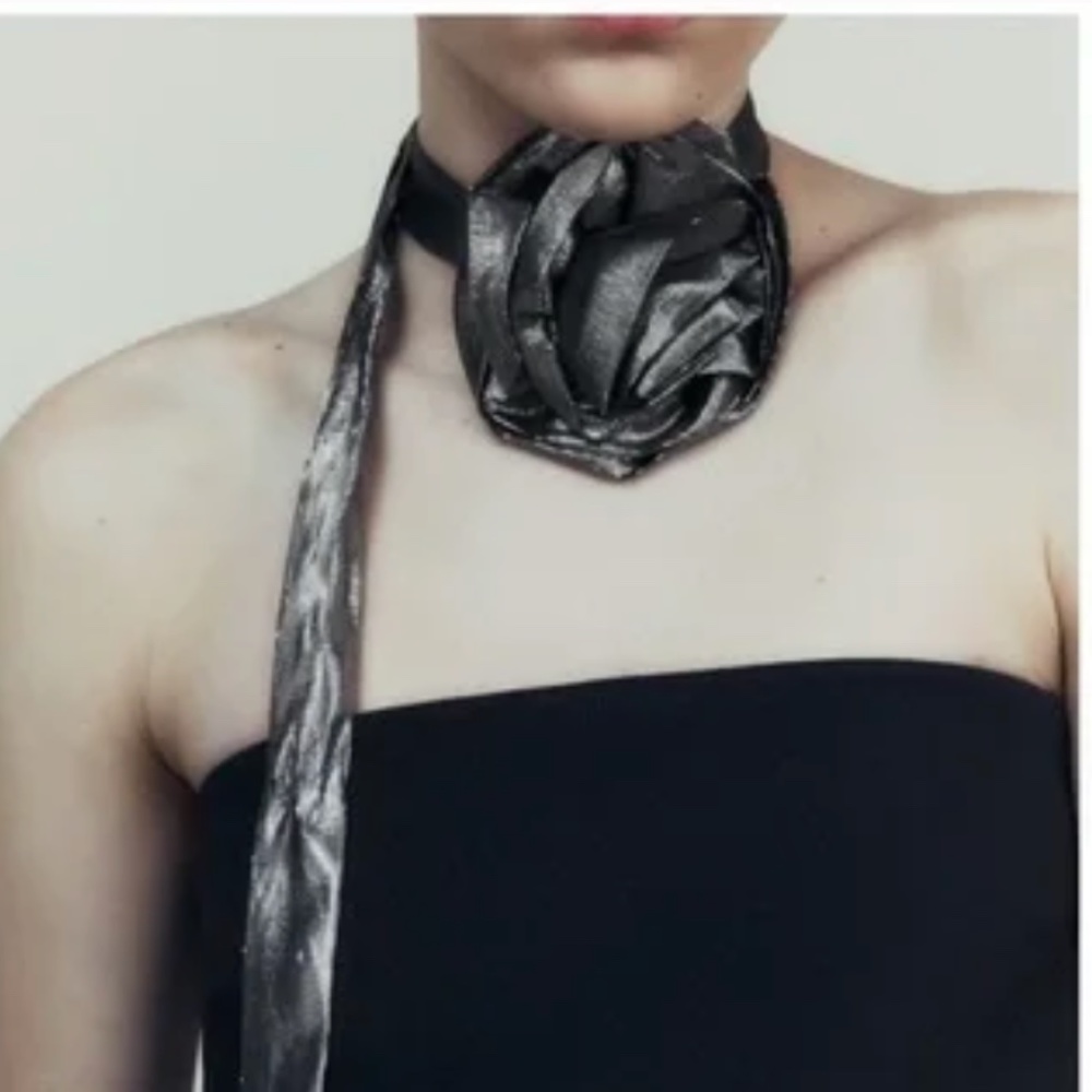 Zara silver silk blend floral scarf NWT